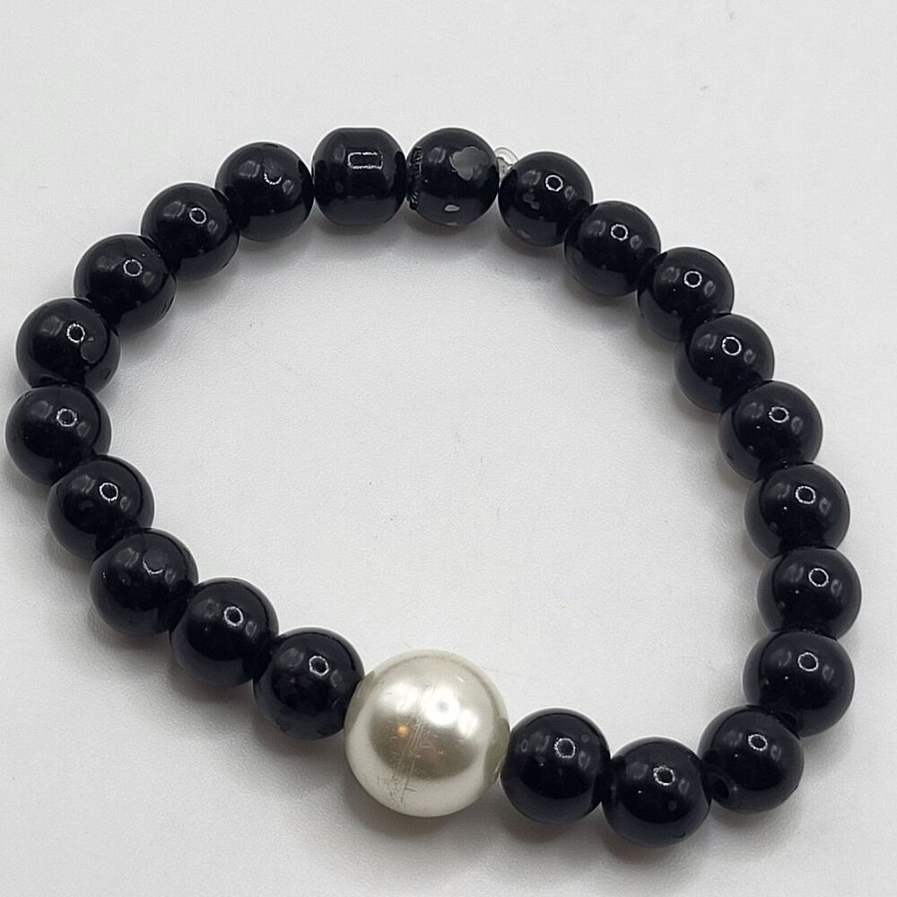 Bohemian Black Glass Beaded Chunky Bangle Bracelet 7in